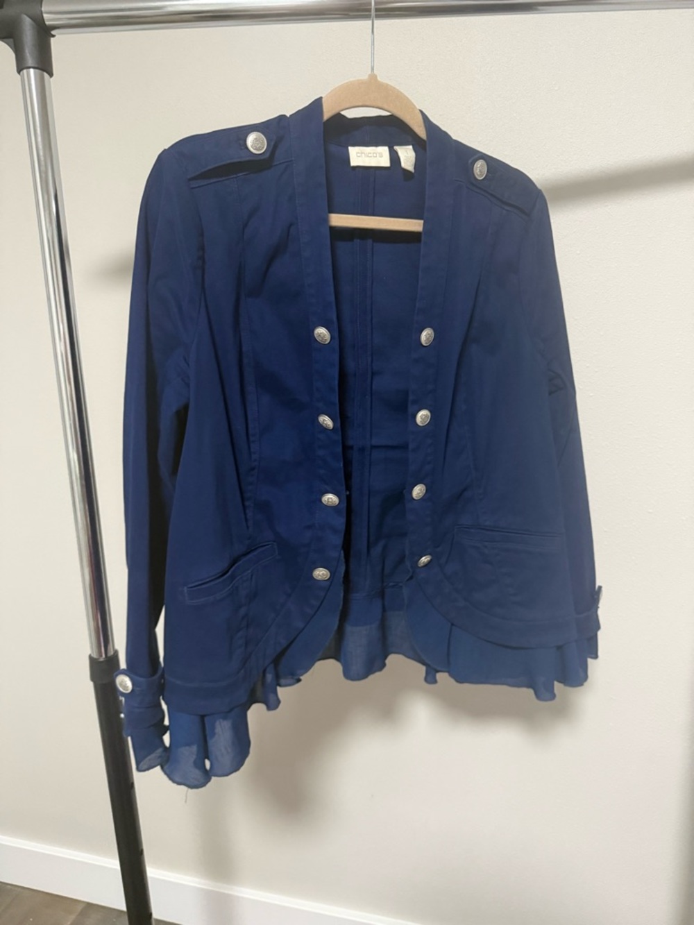 Chico’s Navy Military Ruffle Hem Jacket *LIKE NEW*